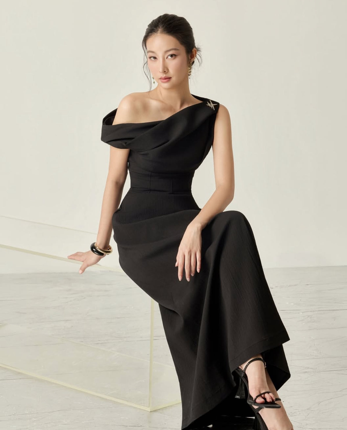 Black Charlotte Asymmetrical Flared Midi Dress