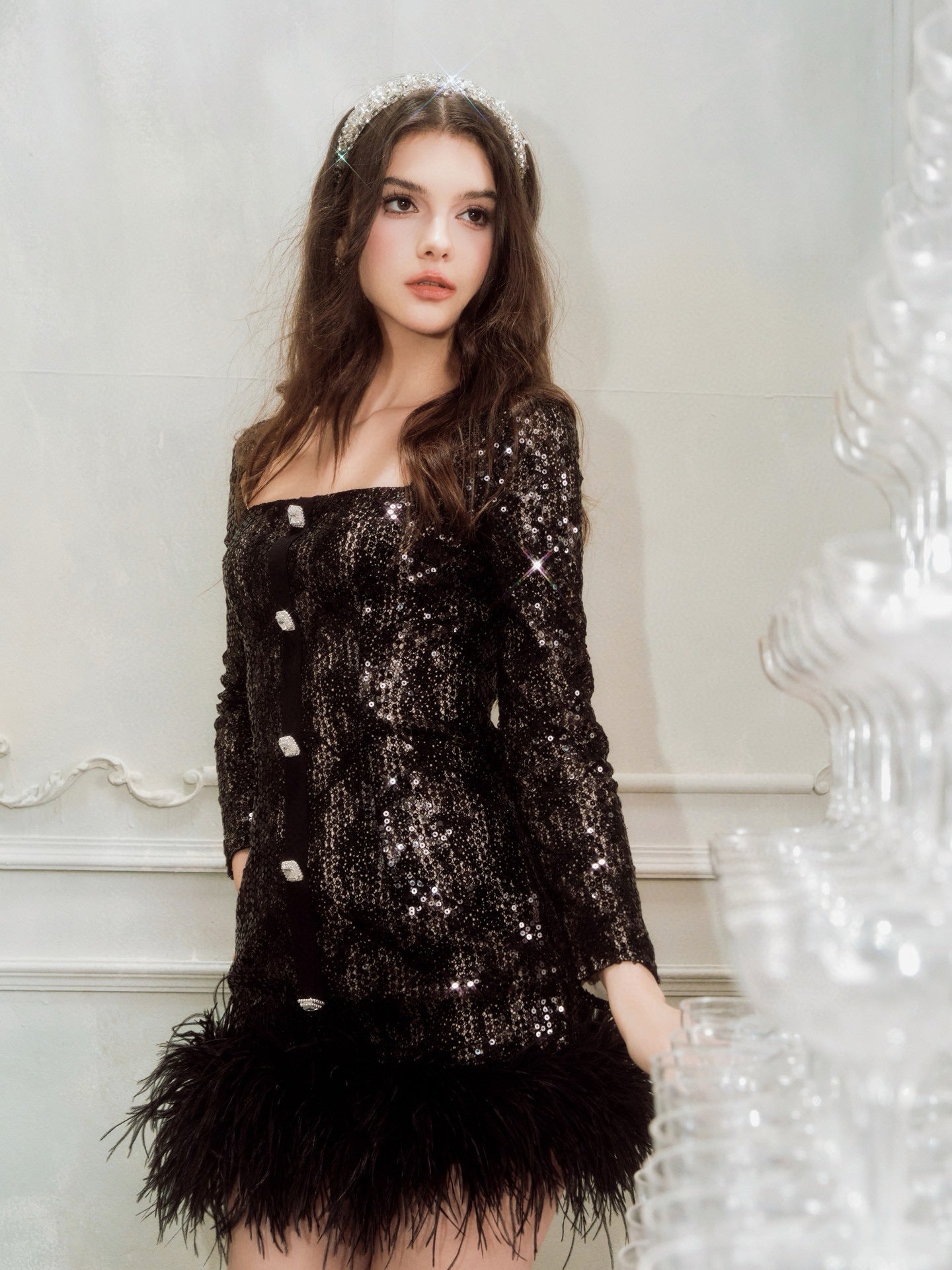 WARDROBE BY CHEN Black Lace Diamond Button Feather Mini Dress