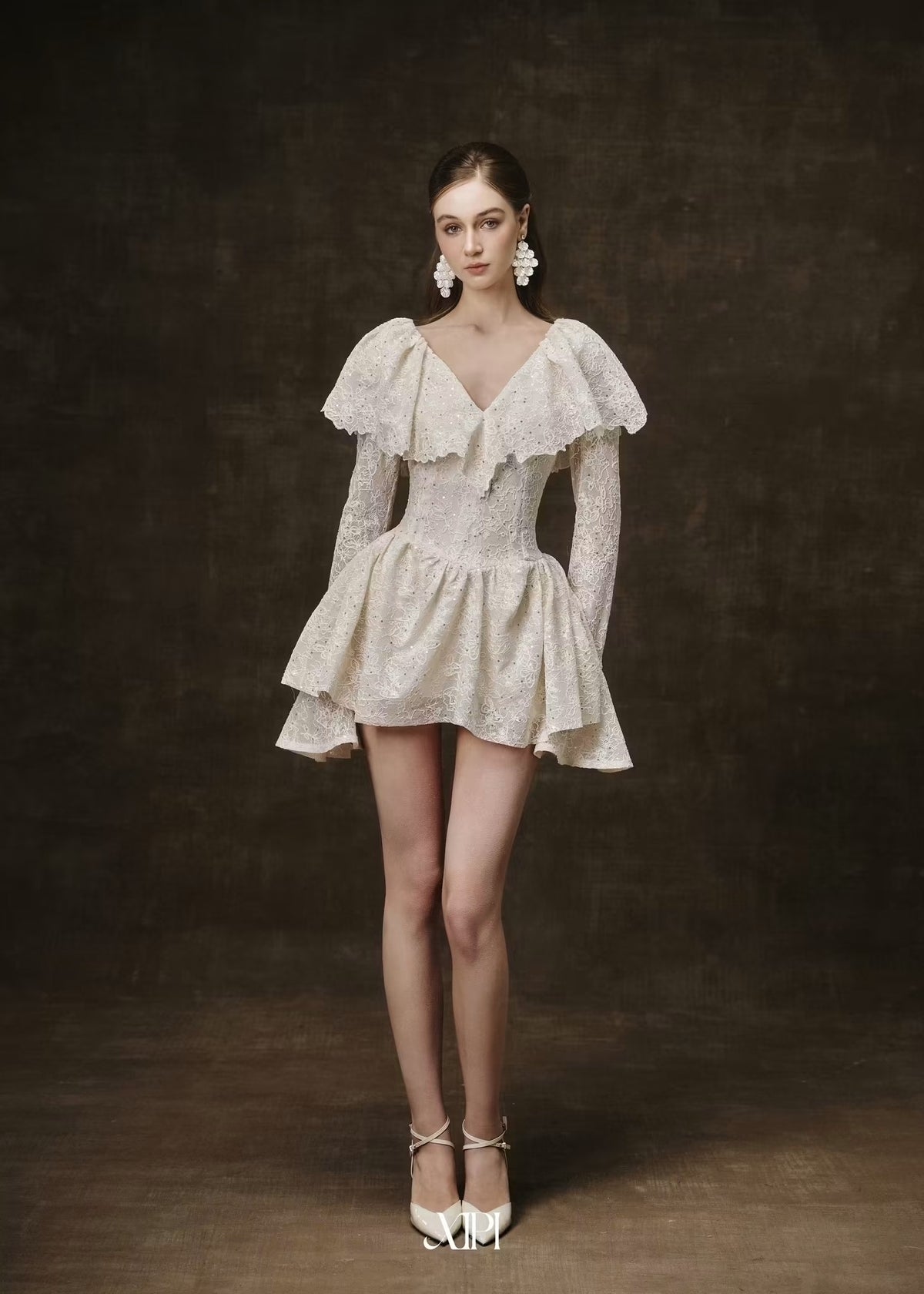 White Long-Sleeve Lace Flared Anya Mini Dress