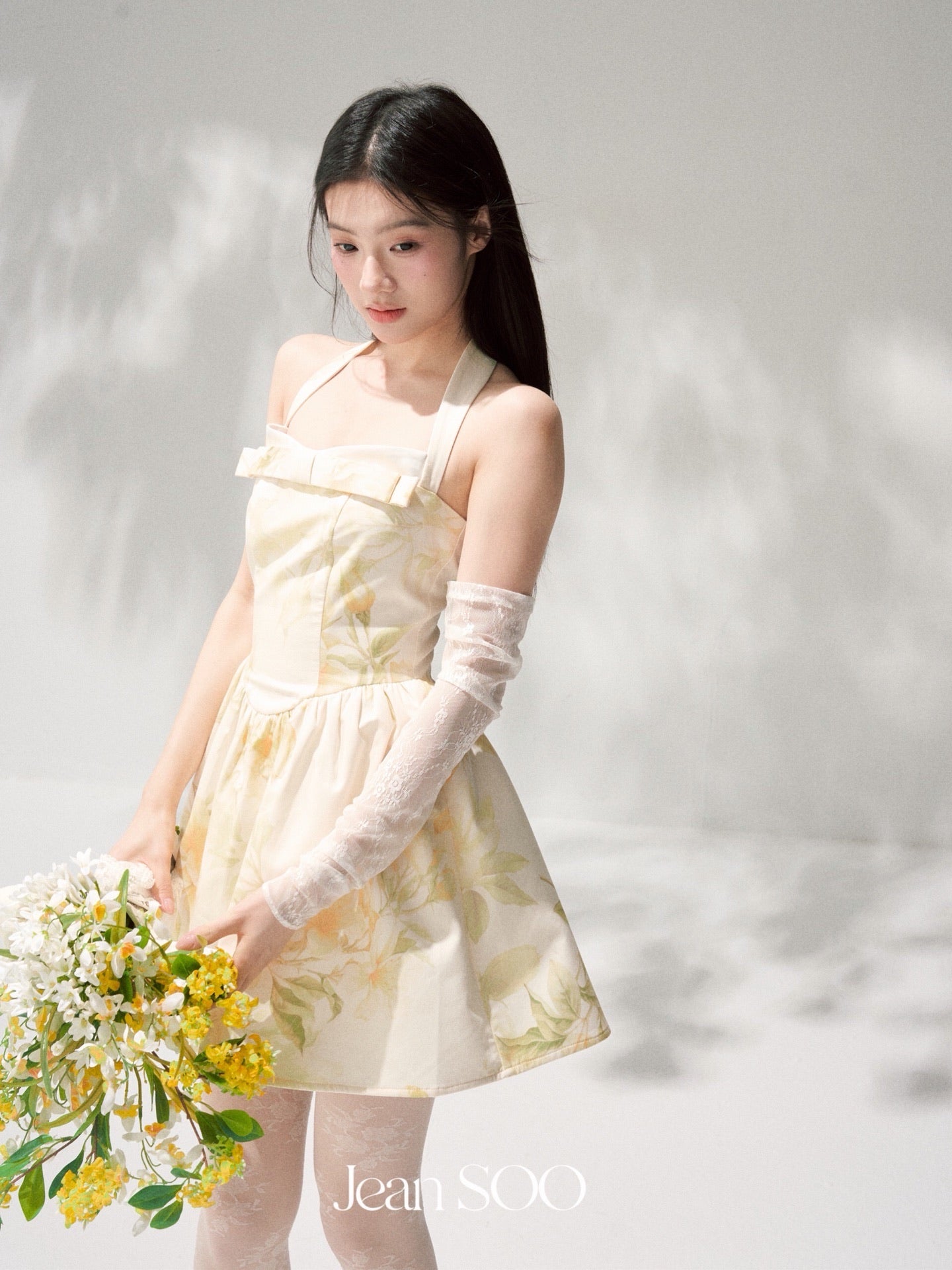Yellow Ink Floral Halter Strapless Bow A-Line Mini Dress