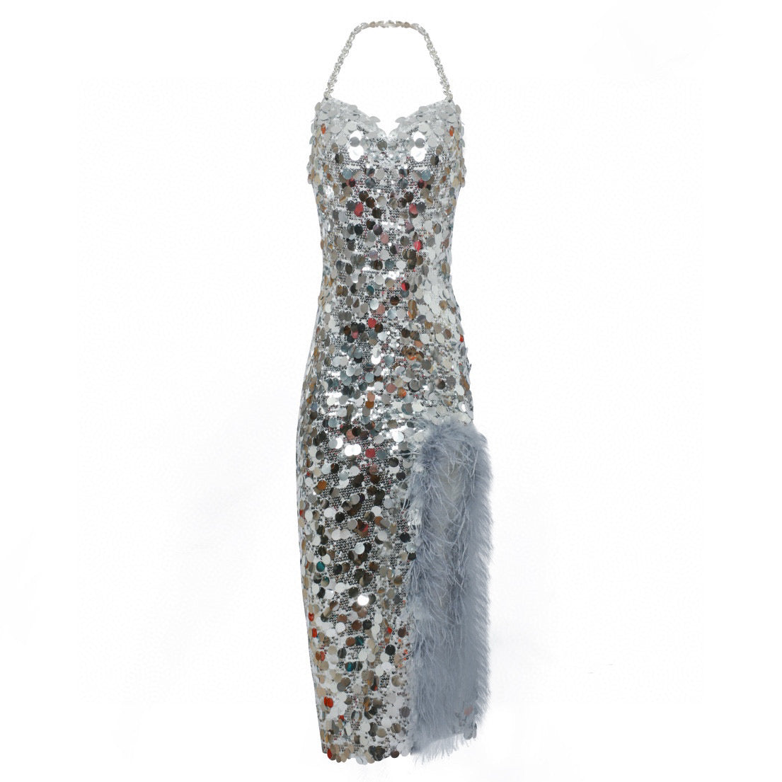 MIMI PLANGE silver sequin evening maxi dress