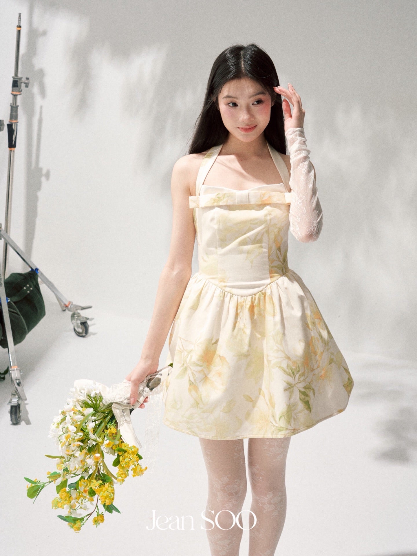 Yellow Ink Floral Halter Strapless Bow A-Line Mini Dress