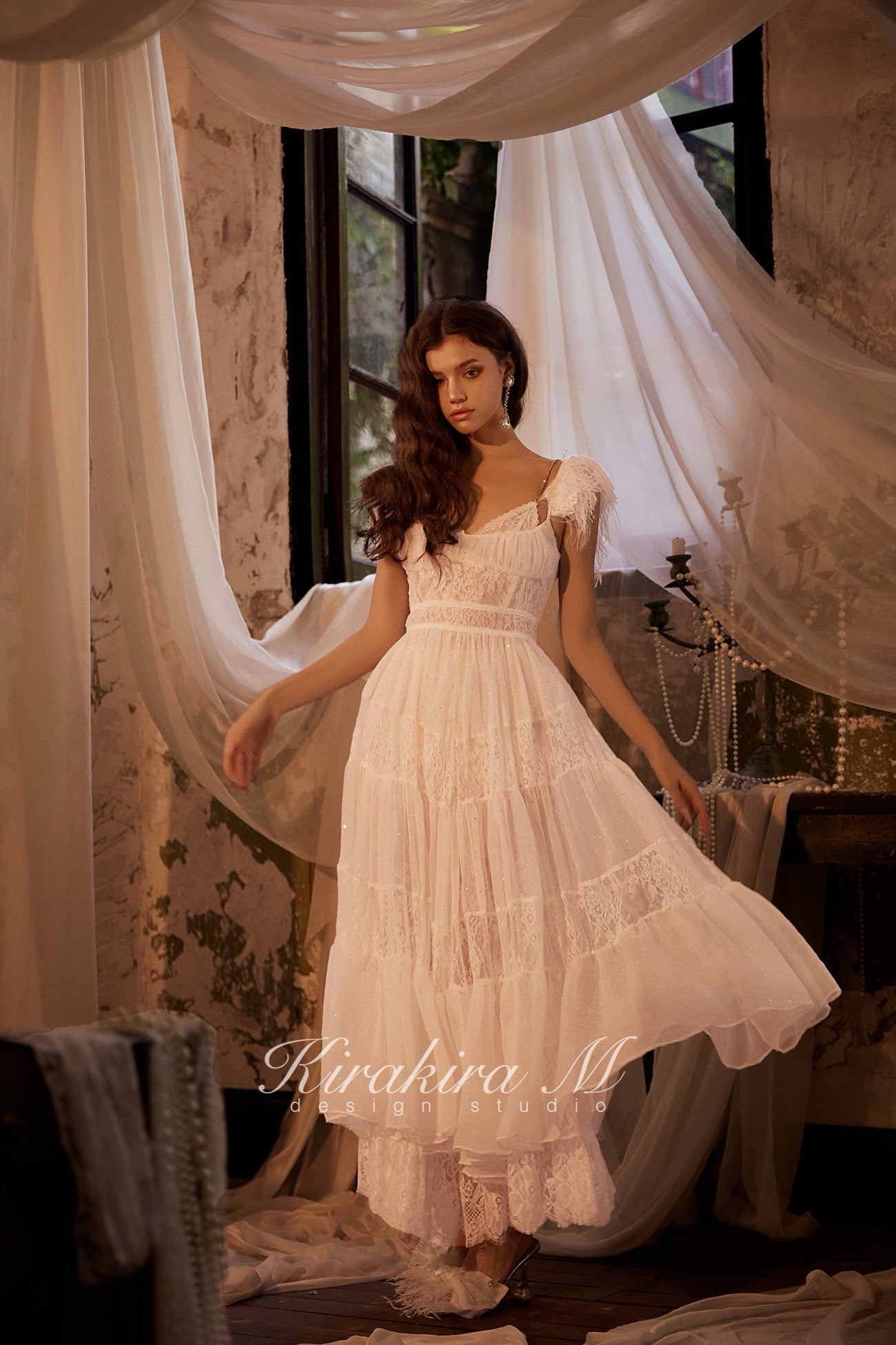 KIRAKIRA M White Diamond Embellished Feather Lace Extra Maxi Dress + Bottoms (Slightly Sheer)