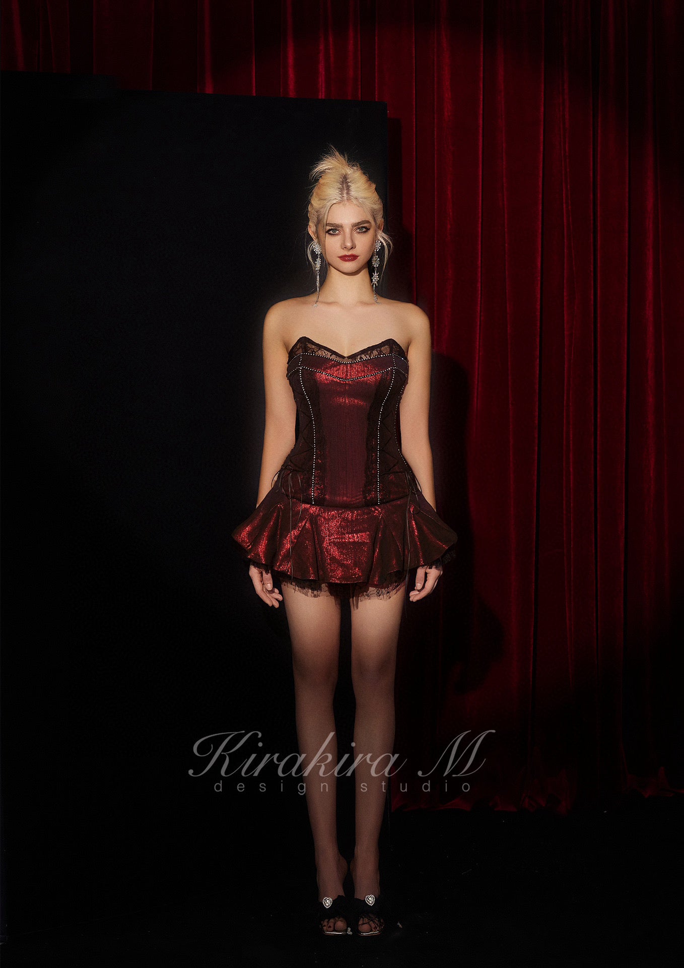 KIRAKIRA M Red gleamy with black fishbone lacy party mini dress (undies included)