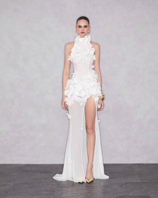 White Halter High Neck 3D Floral Side Slit Chiffon Maxi Dress