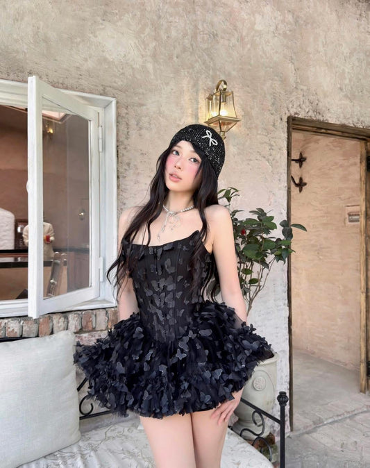 LANE CI Black 3D Butterfly Corset Mini Dress