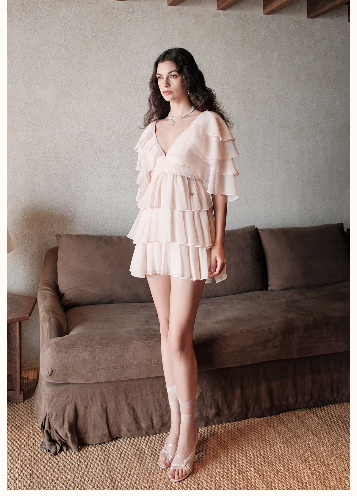 SHEERLUCK Pink Levette V-neck Vacation Mini Dress