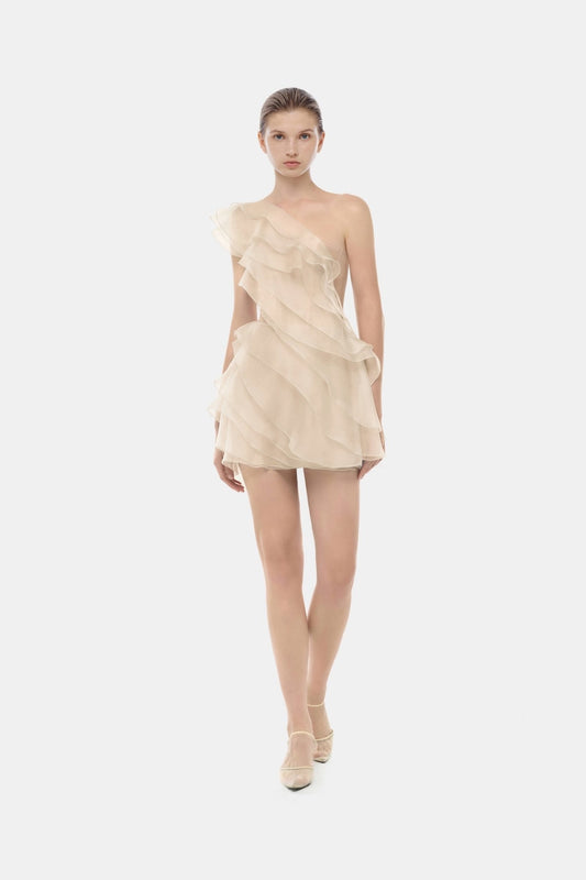 MONTSAND Cream Vacation Elegant Ruffle One-shoulder Mini Dress