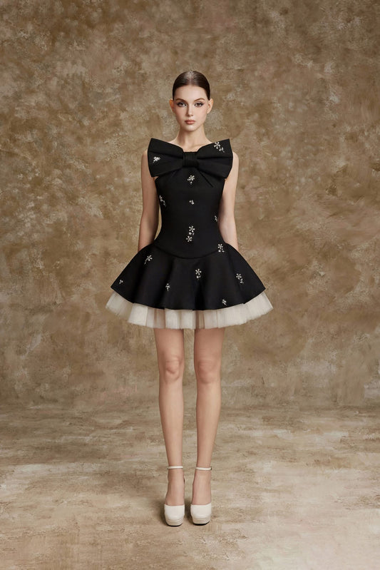 Black Bow-Strap Corset Puff Mini Dress