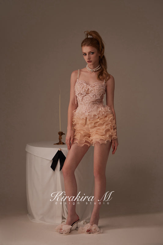 Kirakira M Orange & Pink Gradient Layered Lace Bodice & Skirt Pants