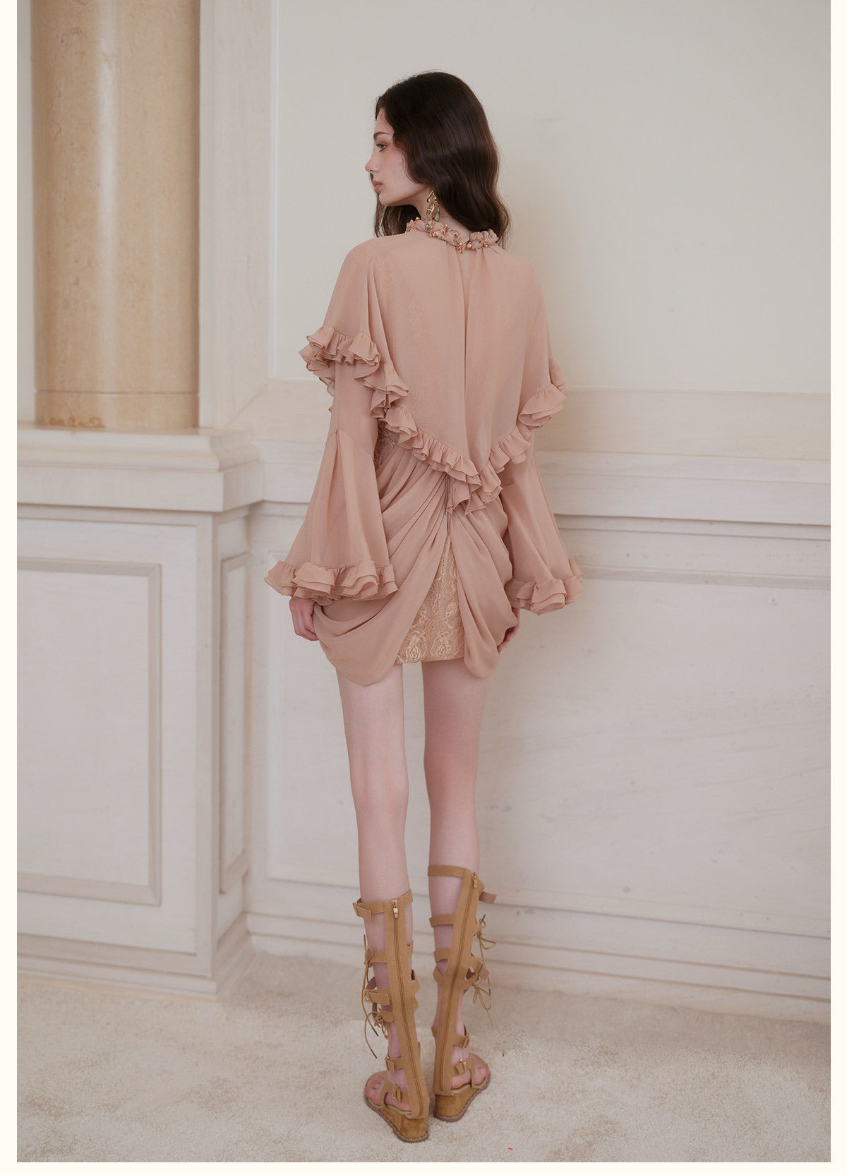 Black High-Neck Beaded Ruffle Bell-Sleeve Chiffon Overlay with Lace Mini Dress