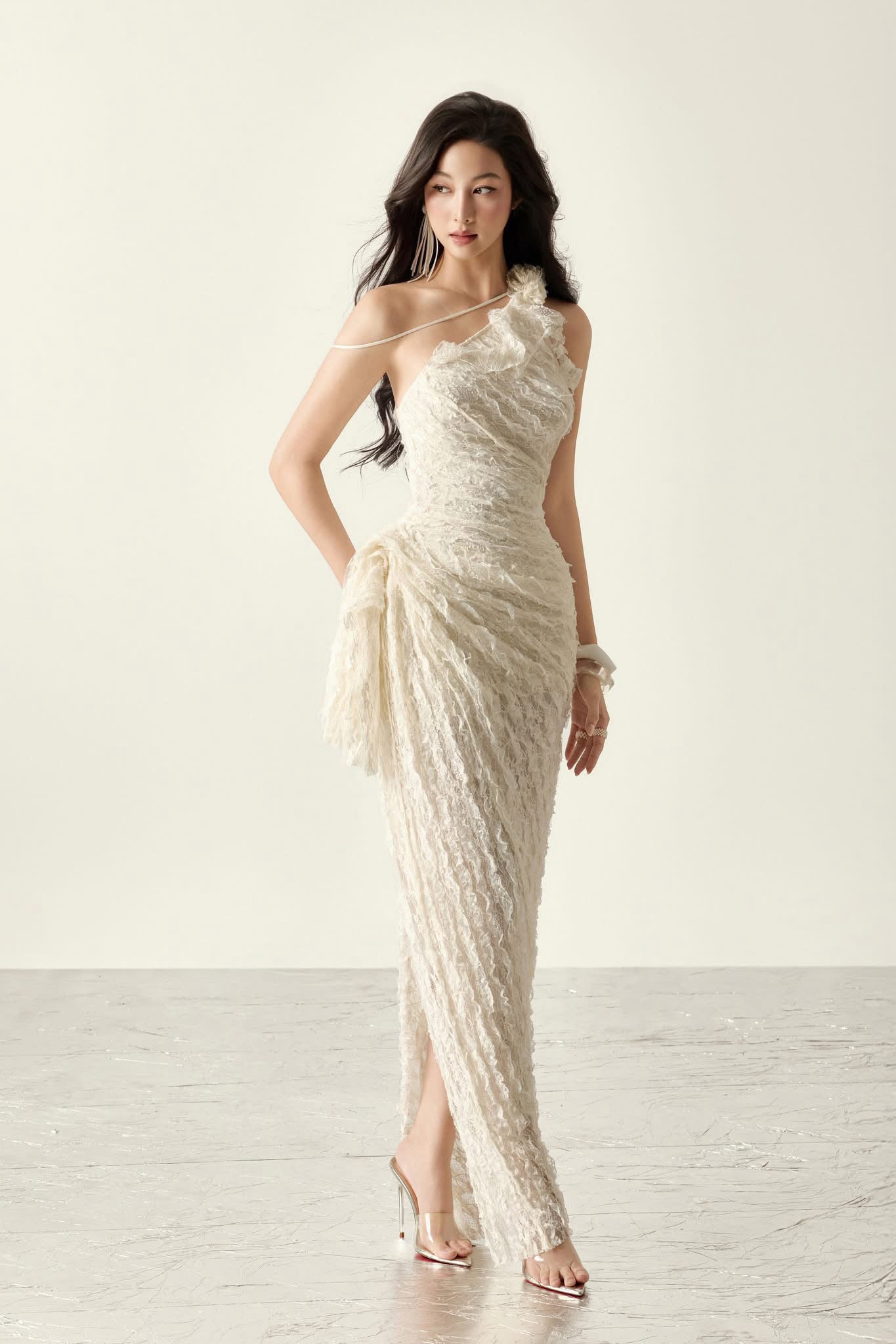 White Beatrice Asymmetrical Slit Lace Maxi Dress