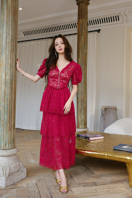 MASION WESTER Rose Red Lace Maxi Dress