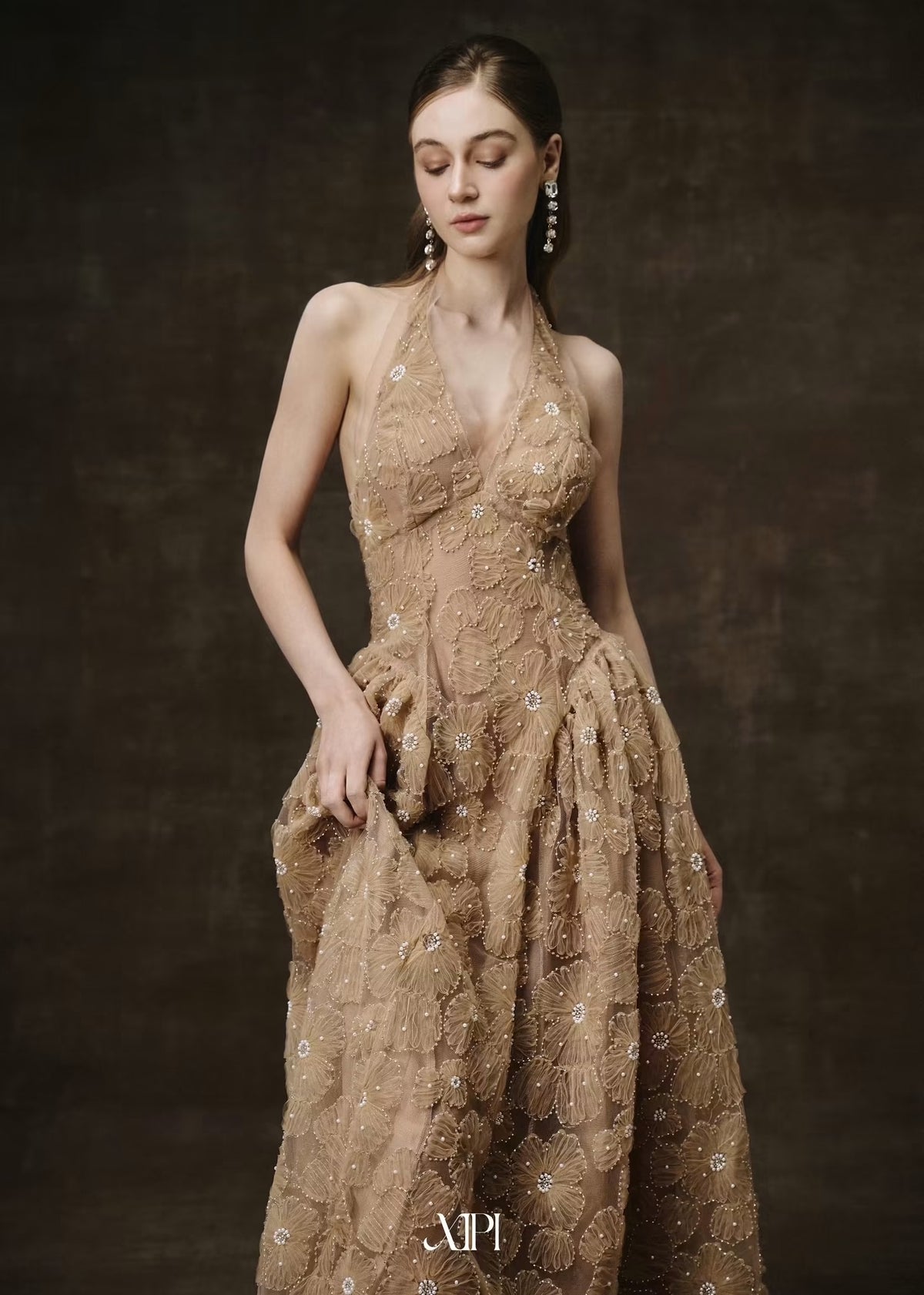 Brown Halter-neck Pearl Embellishments Lace Marielle Maxi Dress
