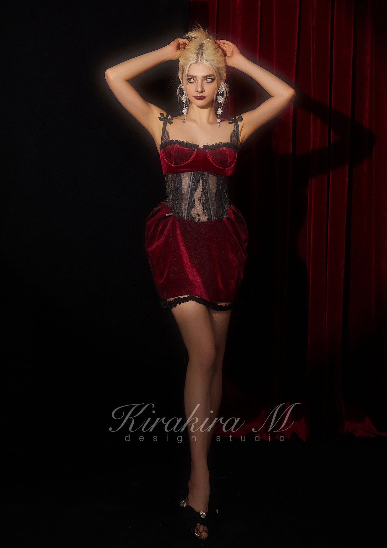 KIRAKIRA M  Red velvet with fishbone lacy party Mini Dress