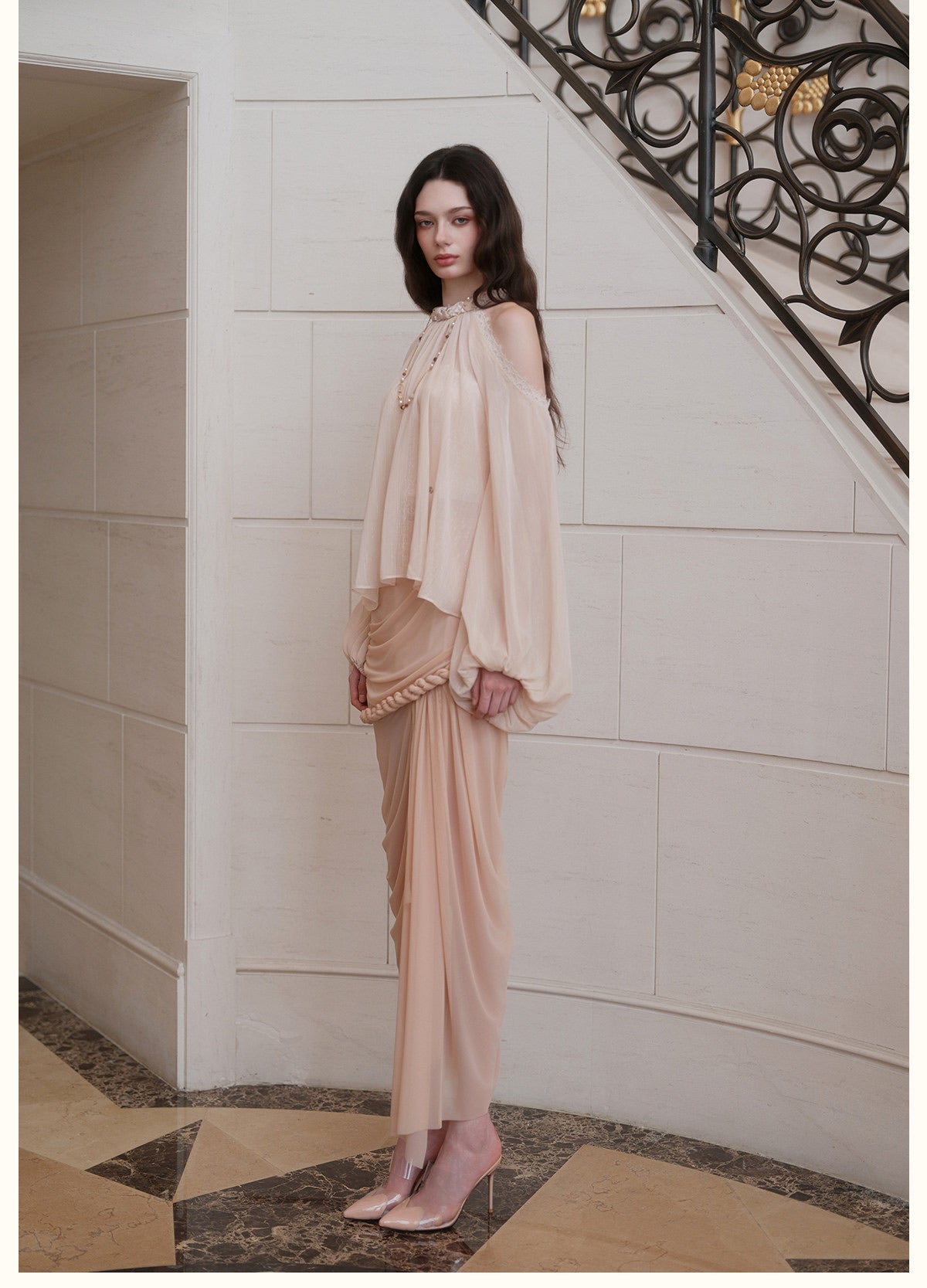 Cream Halter Off-Shoulder Lantern-Sleeve Metallic Shirt