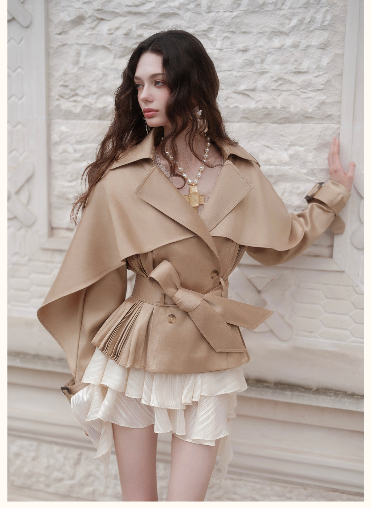 Red Cape-Sleeve Cinched Cropped Jacket