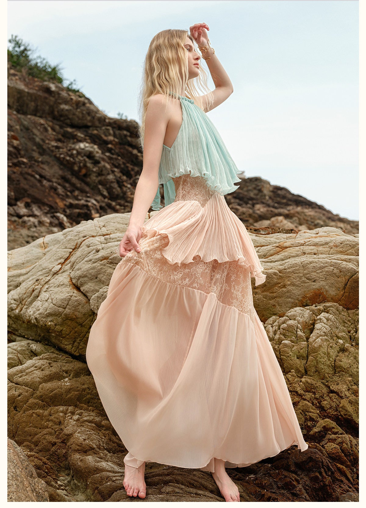 Sheerluck Elegant Vacation Blue Green Laguna French Lace Maxi Dress