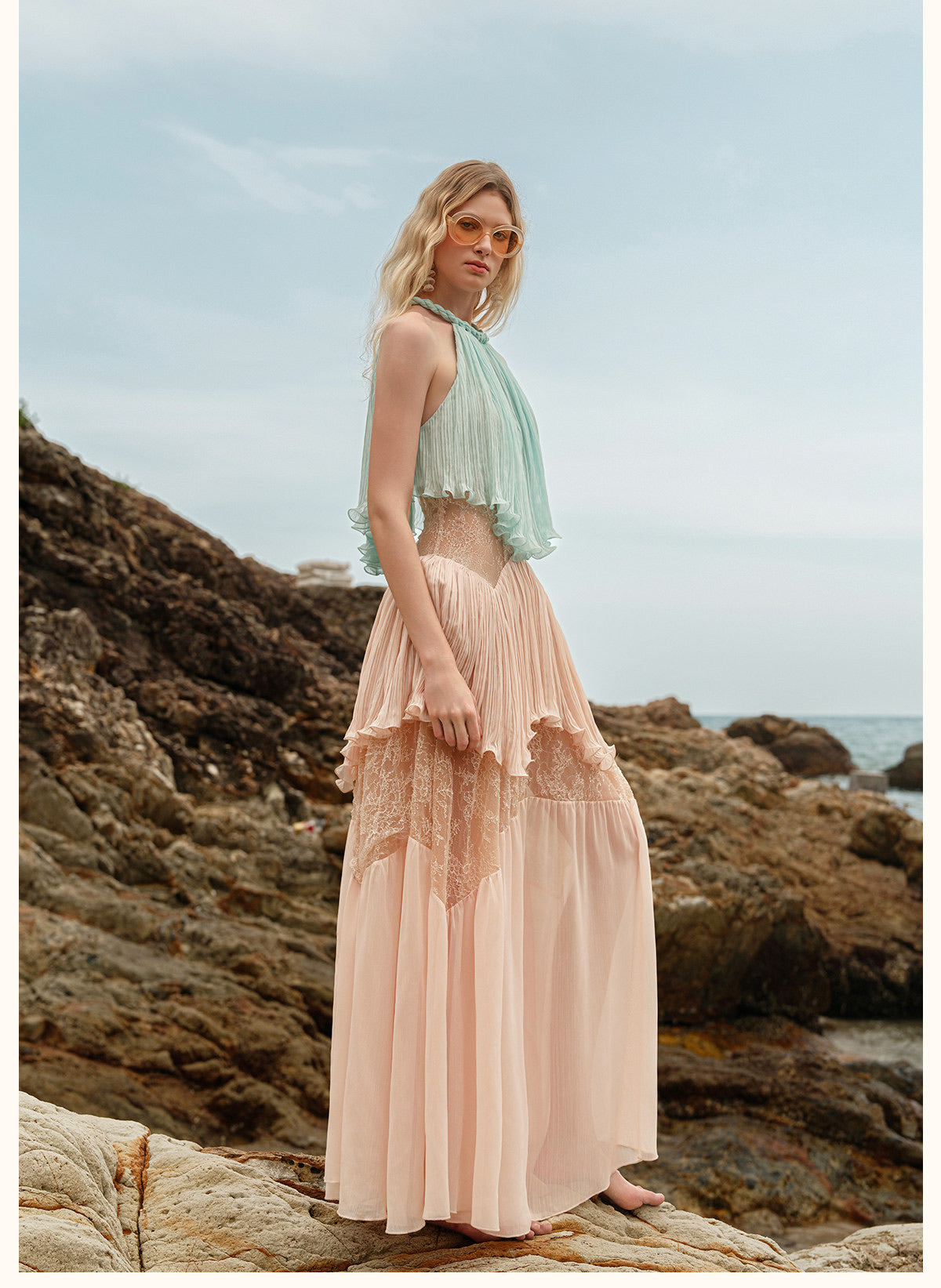Sheerluck Elegant Vacation Blue Green Laguna French Lace Maxi Dress