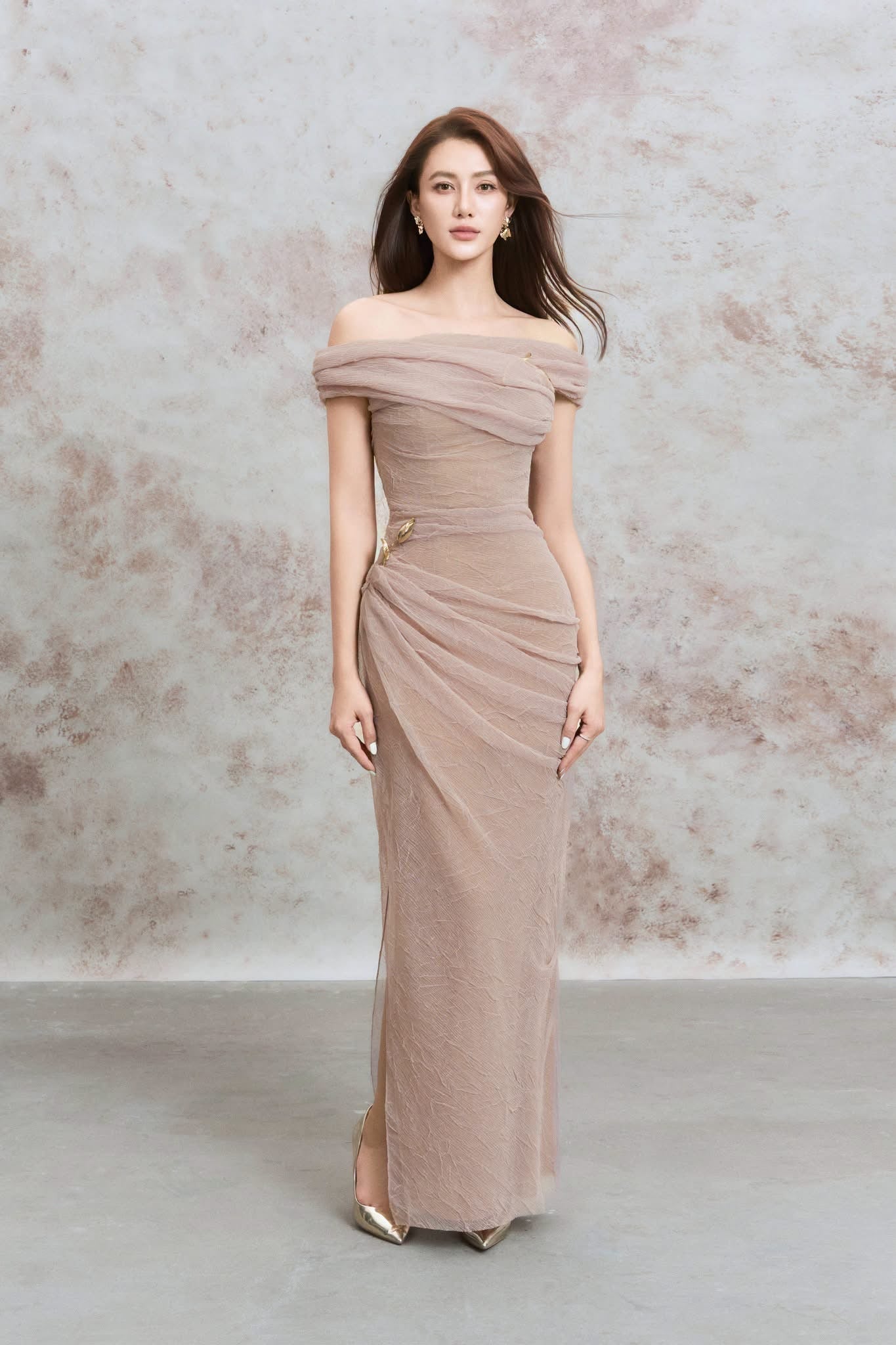 DENIO Nude Bianca Draped Illusion Maxi Dress