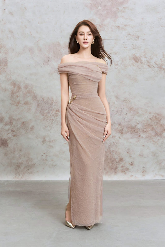 Nude Bianca Draped Illusion Maxi Dress
