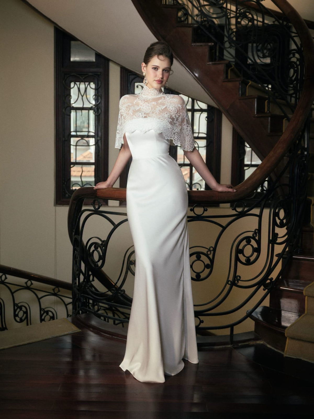 White Satin Mirella Maxi Dress With Elia Lace Cape
