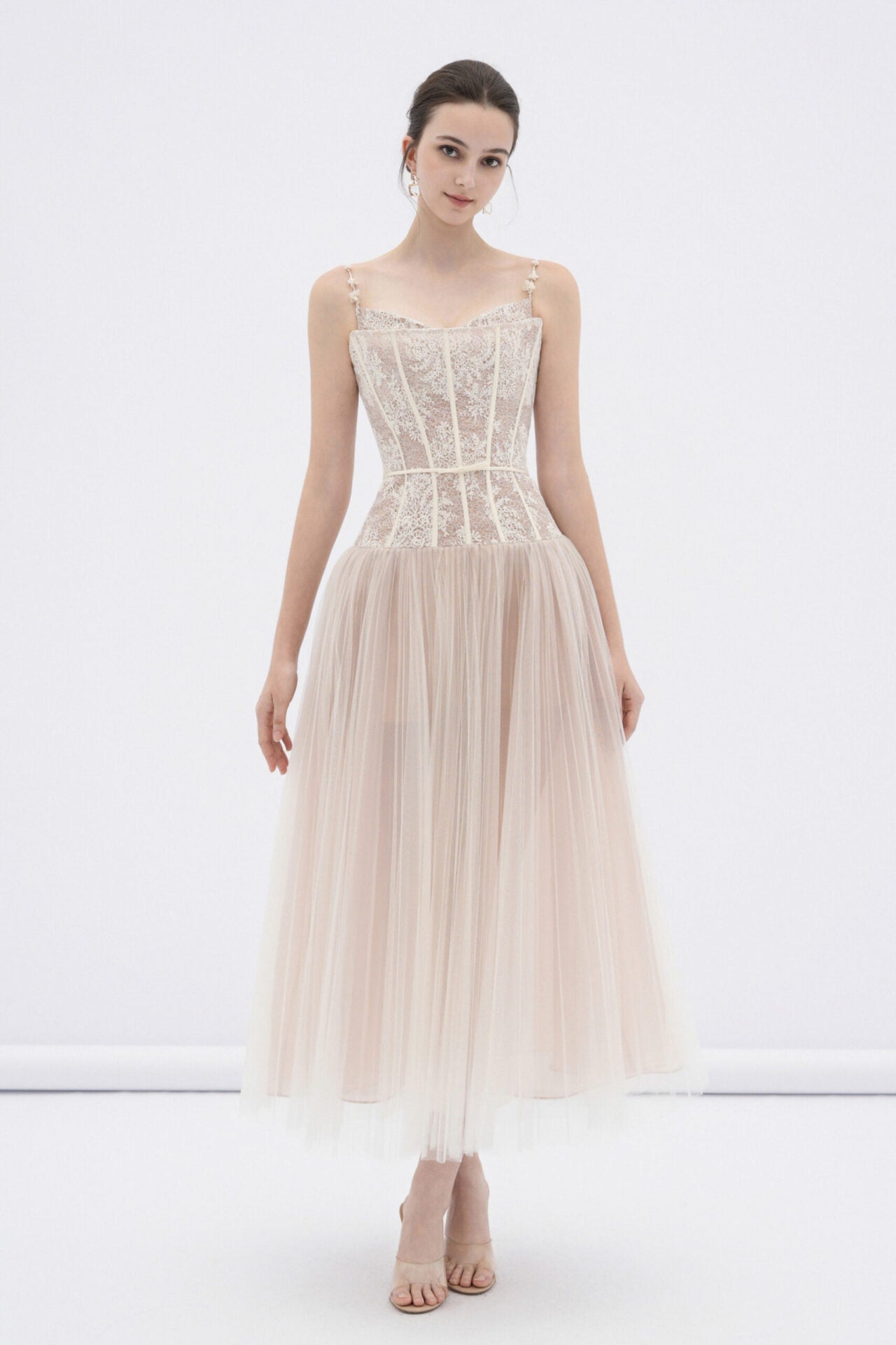DENIOVN Elegant Fairycore Cream Alizea Corset Tulle Midi Dress
