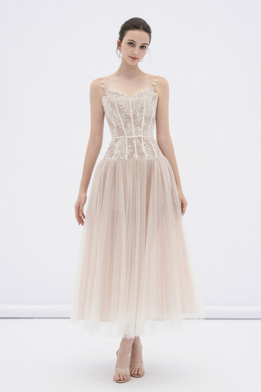 DENIOVN Elegant Fairycore Cream Alizea Corset Tulle Midi Dress