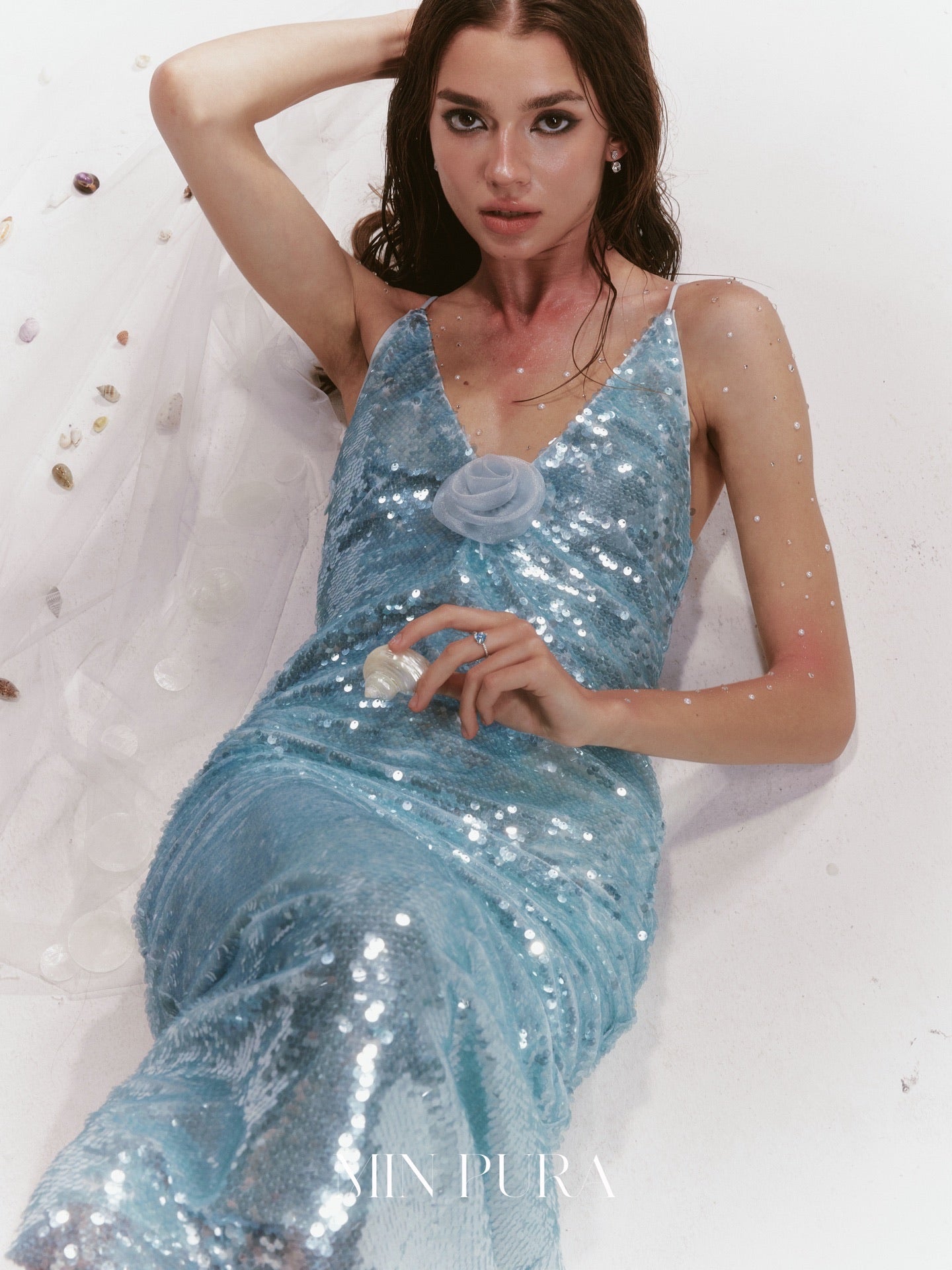 MINPURA Blue Rose Sequin Maxi Dress