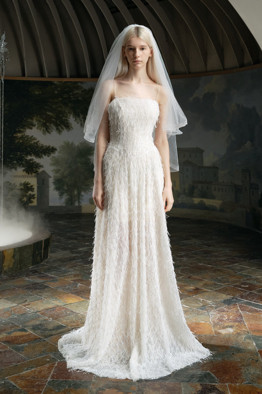 White Feather Fringe Bustier Thin Strap A‑Line Train Bridal Gown Maxi Dress