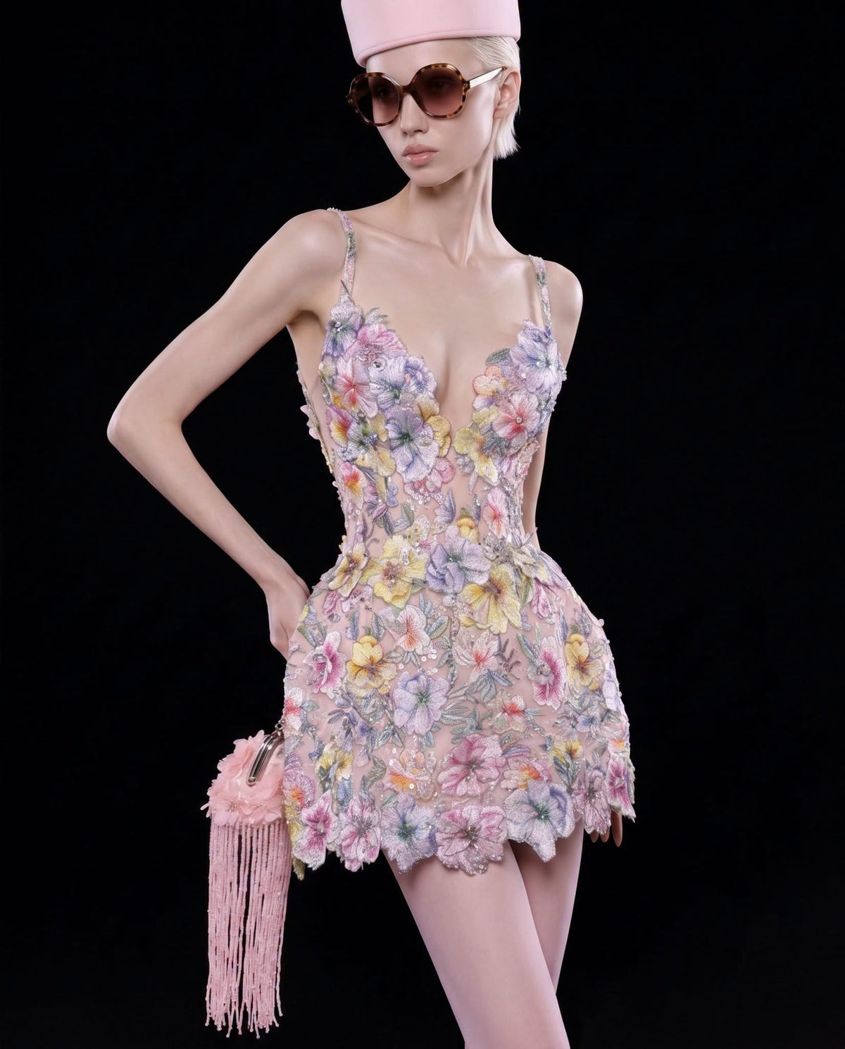 Green Floral Strap V-Neck 3D-Floral Embroidered Nelia Mini Dress