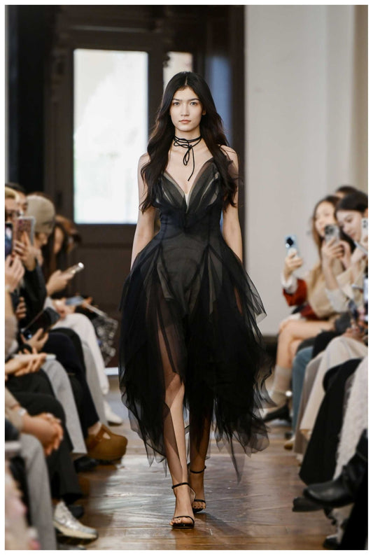 Black V-Neck Sheer Pleated Tulle Midi Dress