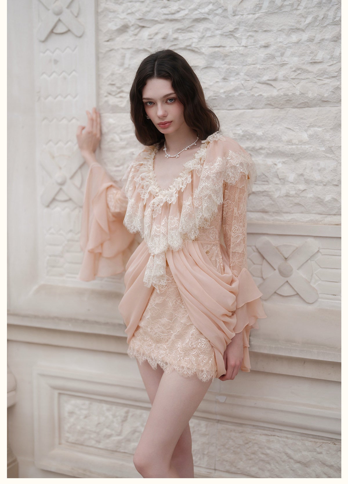 Cream V-Neck Lace Ruffle Long-Sleeve Mini Dress