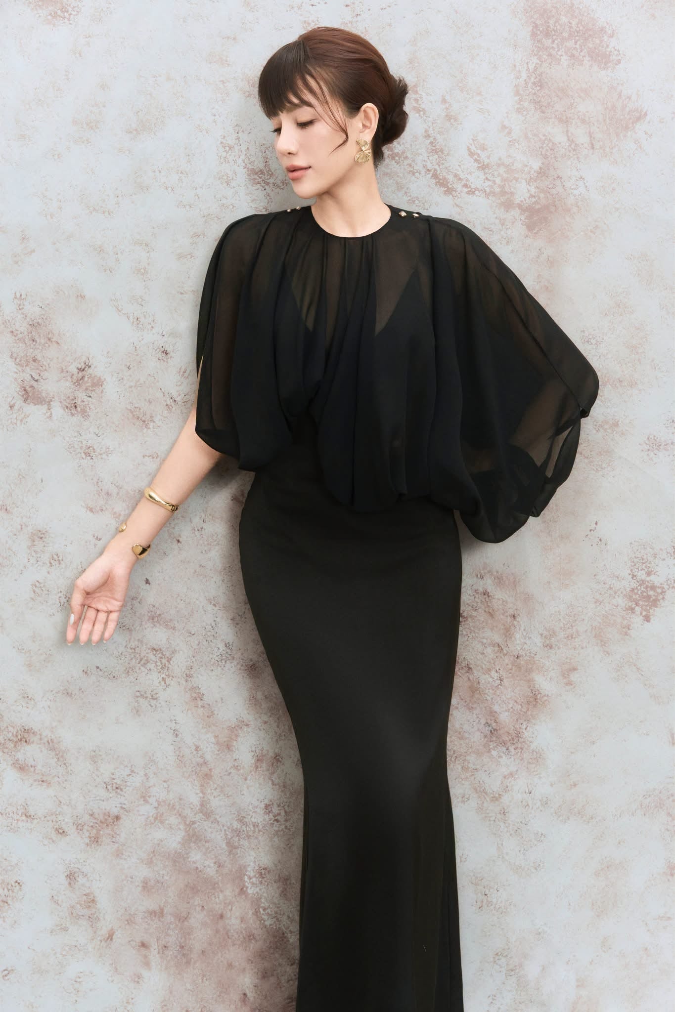DENIO Elegant Minimalist Black Wren Gathered Volie Maxi Dress