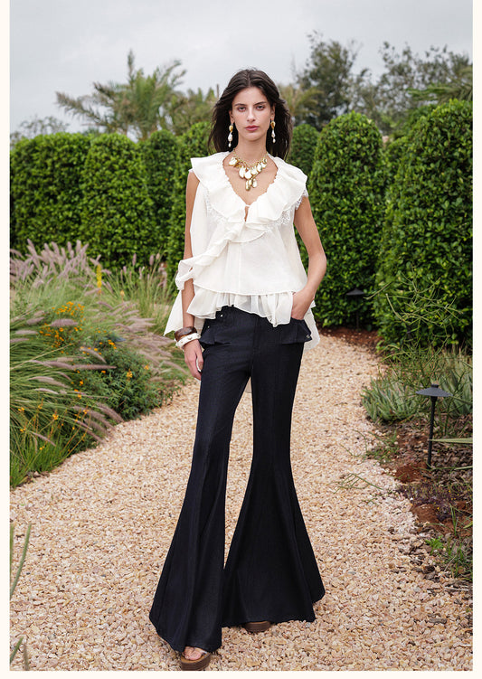 SHEERLUCK Vacation Fairycore Blue Ripple V-neck Top & Indigo Pants