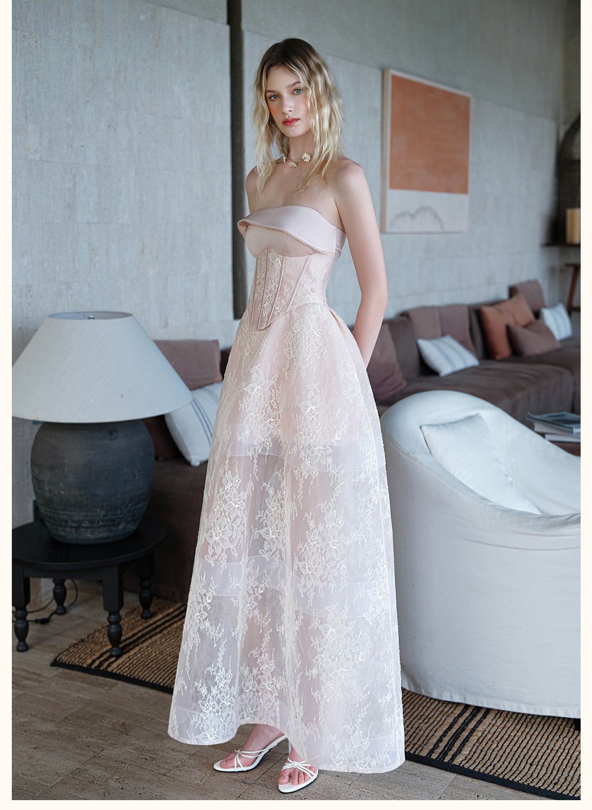 Sheerluck Elegant Vacation Brown Serenata French-collar Strapless Mini Dress & Tulle Maxi Dress