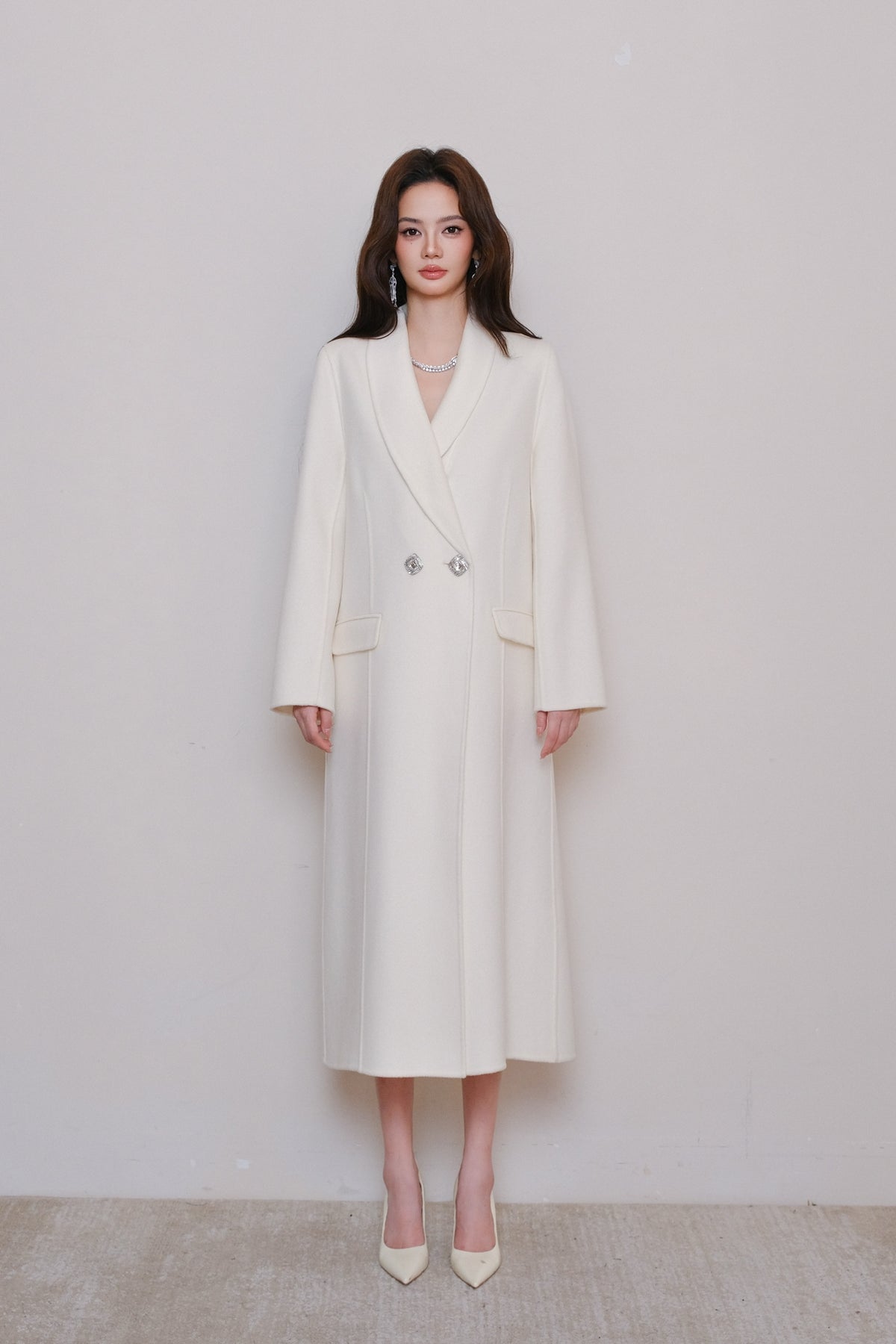 Maison Wester White Diamond Double-Peaked Tweed Long Coat