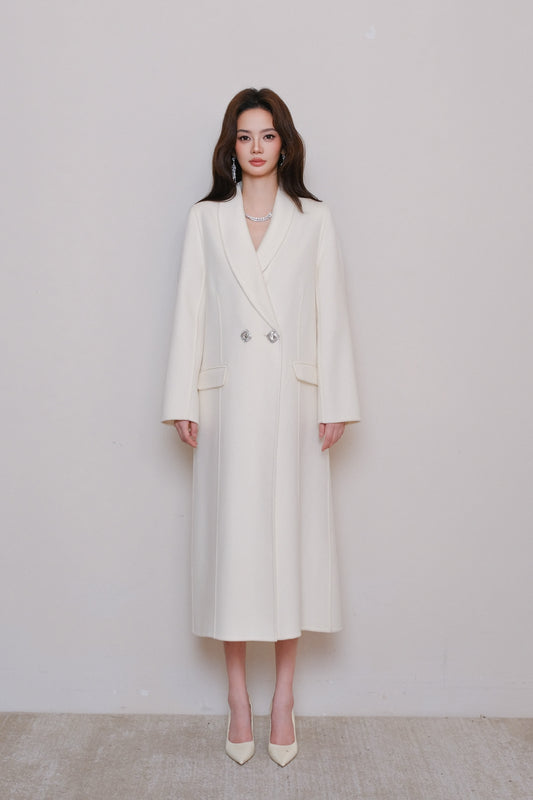 Maison Wester White Diamond Double-Peaked Tweed Long Coat
