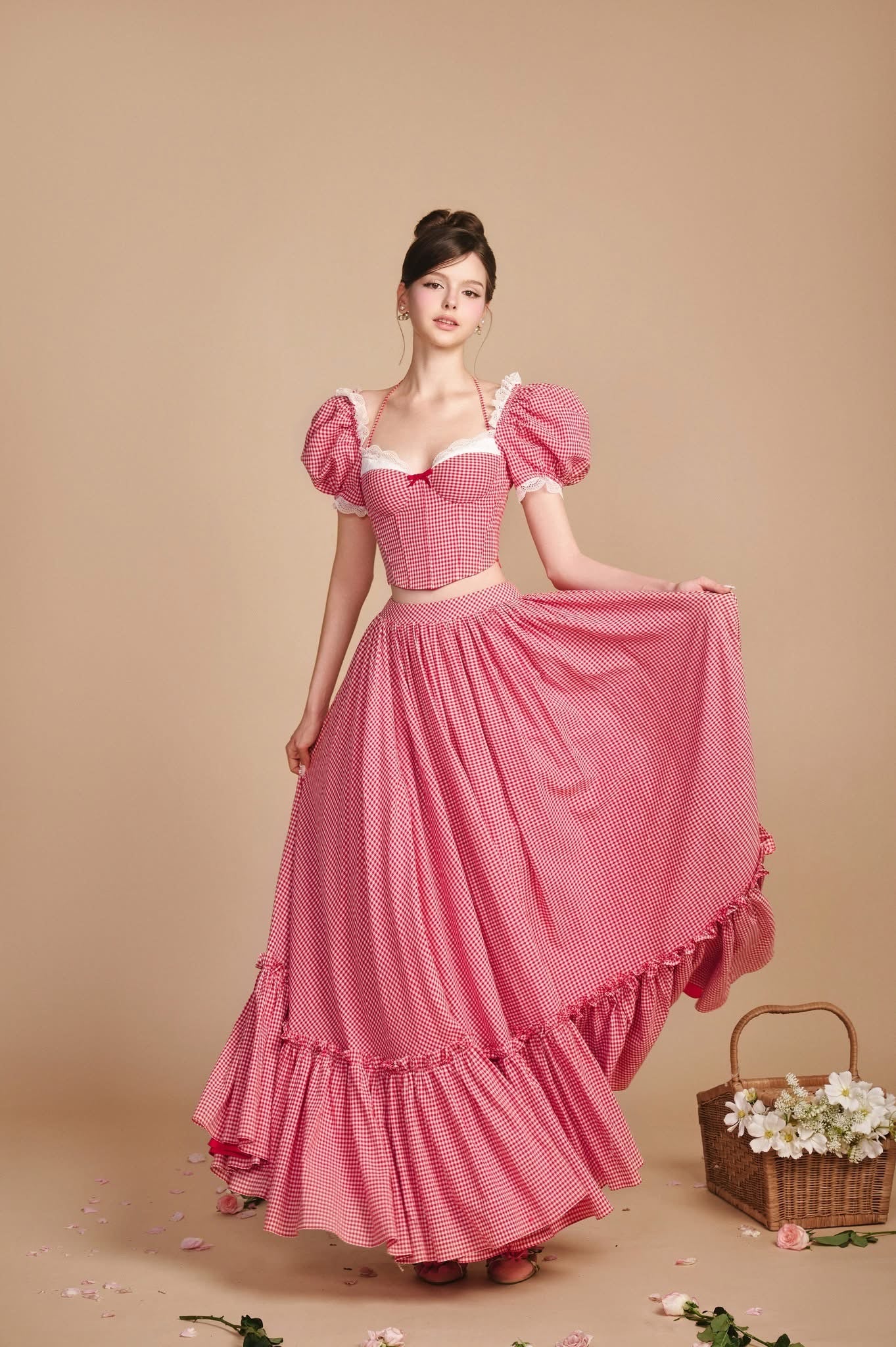 SISSY NATION Sweet Elegant Pink Rolling In Love Corset Top & Skirt Set