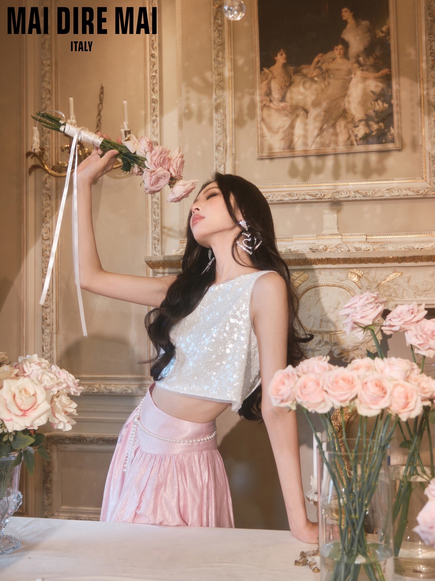 MAI DIRE MAI White Vacation Bow Sequins Top & Pink Skirt