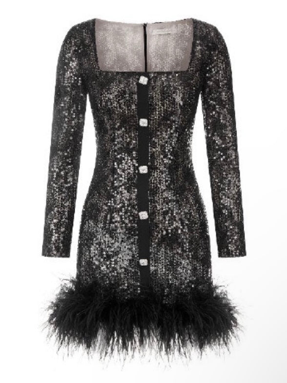 WARDROBE BY CHEN Black Lace Diamond Button Feather Mini Dress