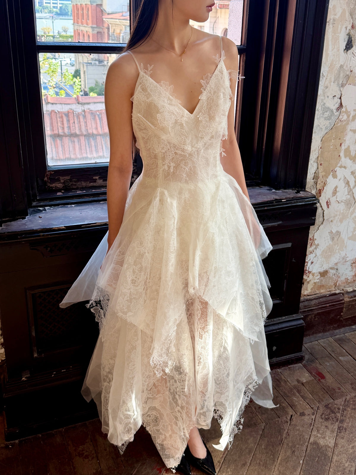 White V Lace Tulle Midi Dress