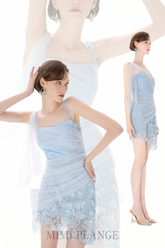 MIMI PLANGE Blue Lace Mini Dress