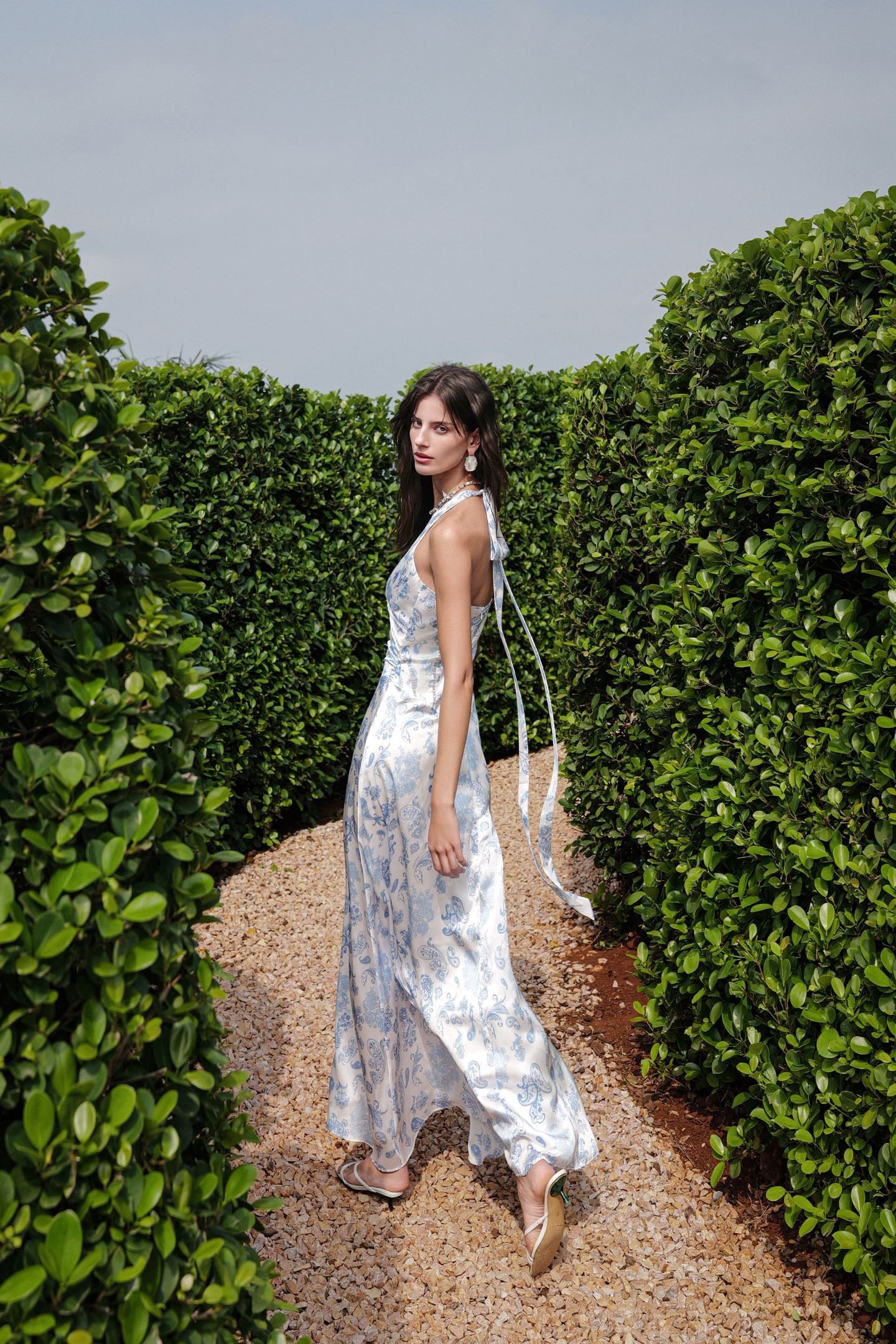 SHEERLUCK Sweet Vacation Floral Verdant French V-neck Halter-neck Maxi Dress
