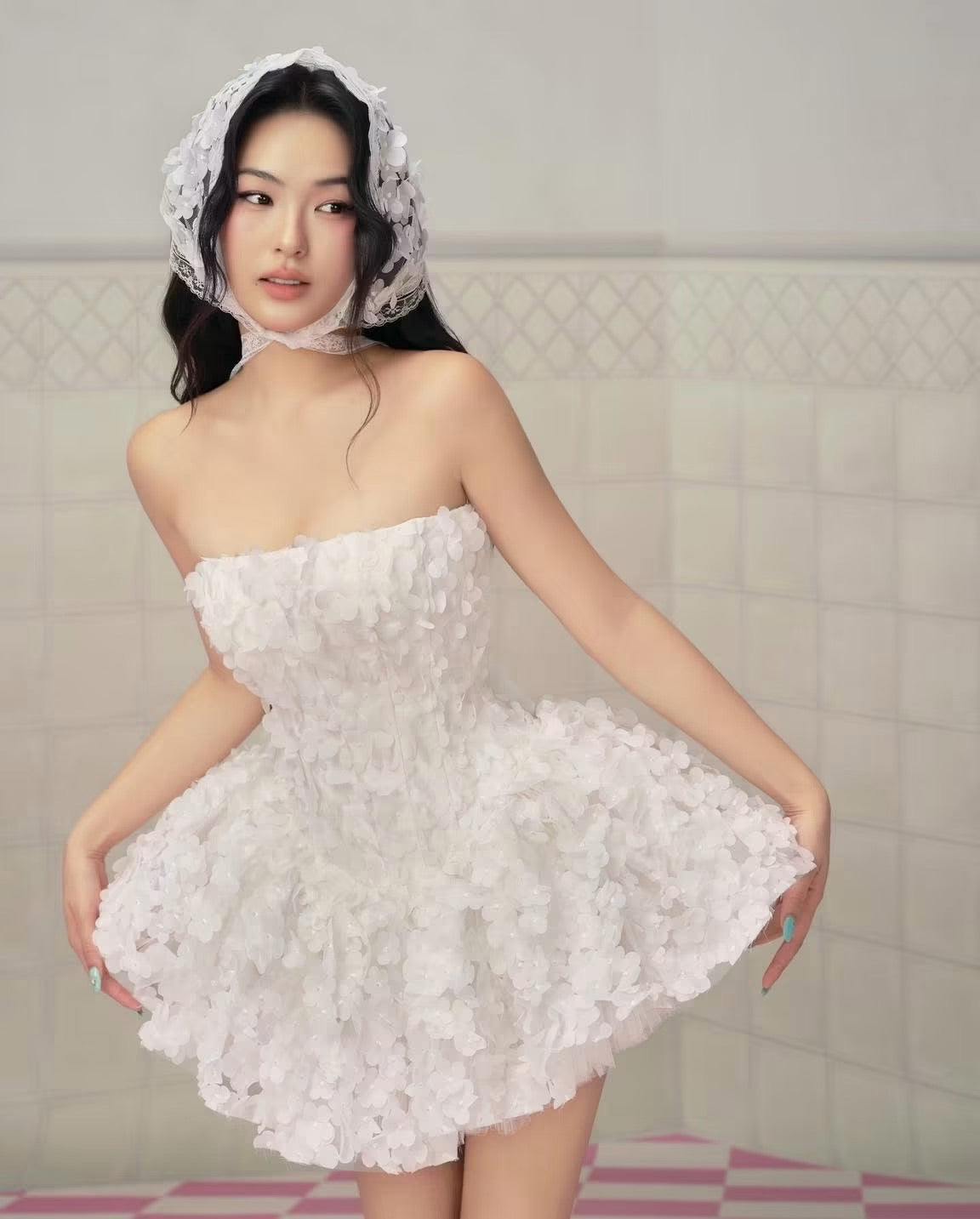 White Strapless 3D-Petal Puff Misa Mini Dress