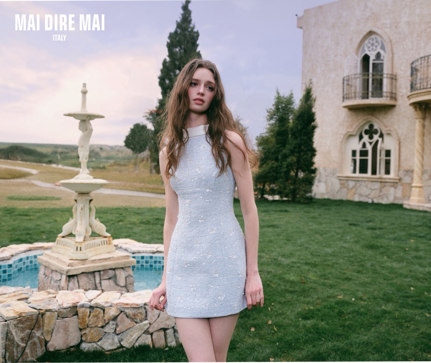 MAI DIRE MAI Sweet Elegant Blue High-neck Tweed Mini Dress