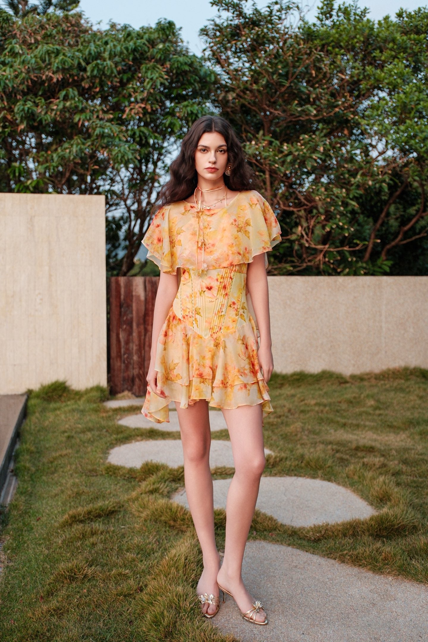 SHEERLUCK Sweet Vacation White Soffio Chiffon Printed Flowy Mini Dress
