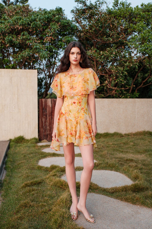 SHEERLUCK Sweet Vacation Floral  Soffio Chiffon Printed Flowy Mini Dress