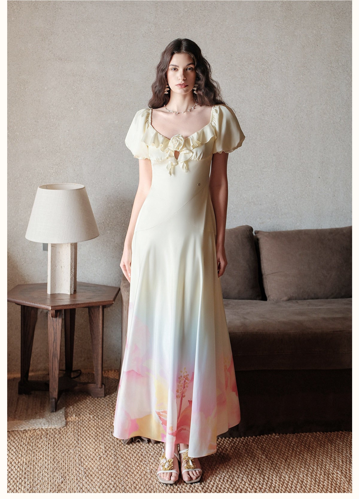 SHEERLUCK Yellow Floral Florette Vacation Maxi Dress