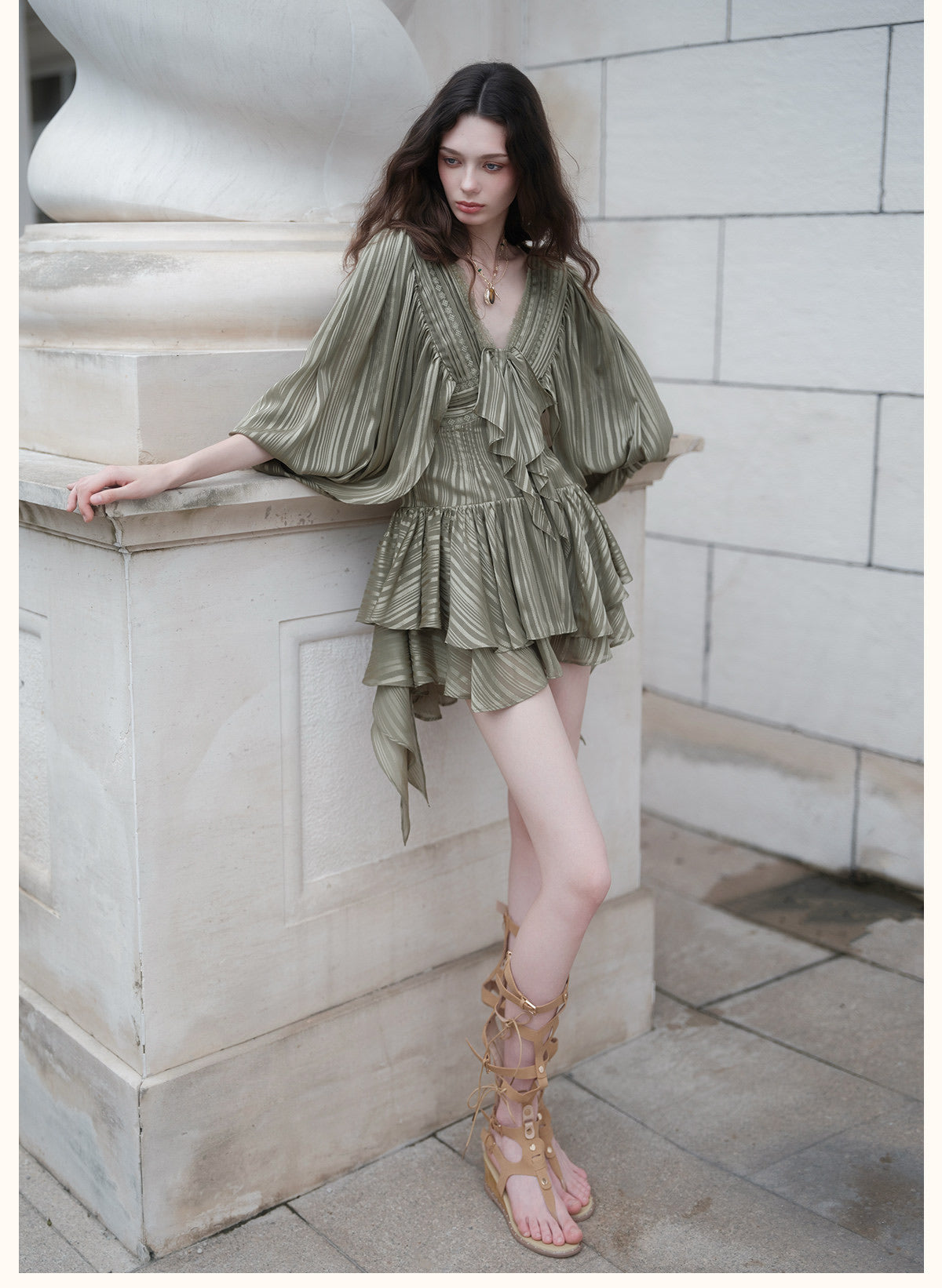 Green Striped Satin Lantern-Sleeve V-Neck Bow Tiered Mini Dress
